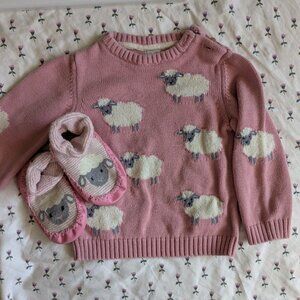 Sheep bundle - pink cotton sheep sweater + knit slippers with sheep faces